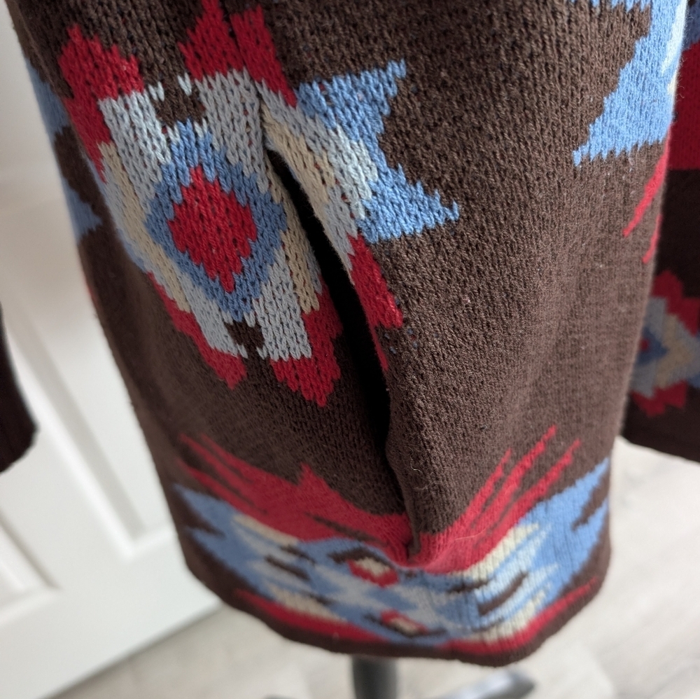 NWT Lucky Brand Aztec Pattern Open Front Cardigan - Brown, Red & Light Blue - Picture 3 of 6